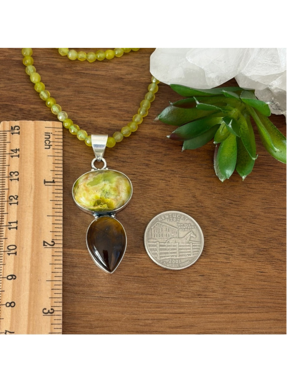 Green Opal & Tiger's Eye Pendant Necklace Southwest Boho 925 Sterling Silver New - Picture 8 of 8